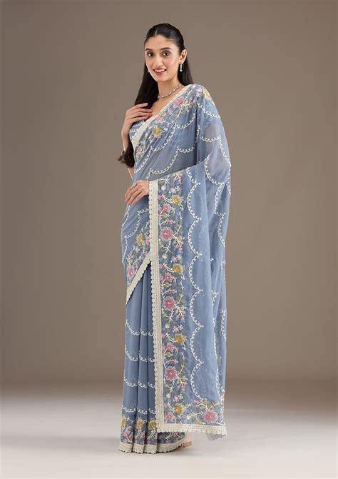 Buy Grey Thread Work Tissue Saree - Koskii