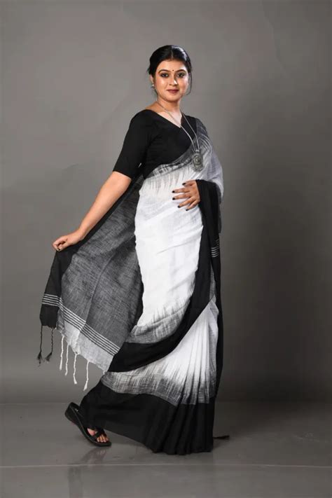 T.J. SAREES White And Black Bengal Handloom Ikkat Khaadi Cotton Soft ...