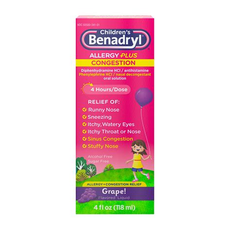 Children's Benadryl Allergy Plus Congestion Liquid, Grape, 4 fl. oz - Walmart.com - Walmart.com