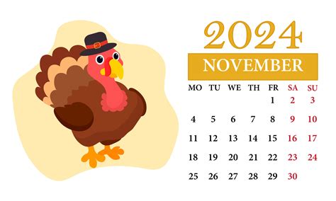 November Monthly calendar 2024 with a turkey 25751428 Vector Art at ...