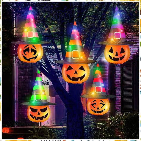 TURNMEON 5 Pcs Halloween Decorations Outdoor Hanging Lighted Pumpkin ...