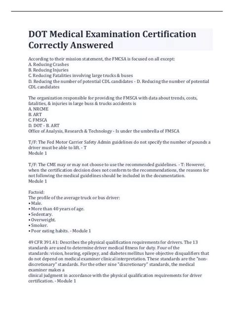 DOT Medical Examination Certification Correctly Answered - DOT Medical ...