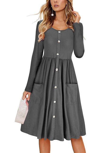 Long Sleeve Casual Button Down Loose Swing Dress With Pockets ...