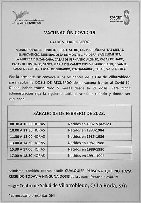 CENTRO DE SALUD EL BONILLO. INFORMACIÓN DOSIS DE RECUERDO VACUNA COVID 19