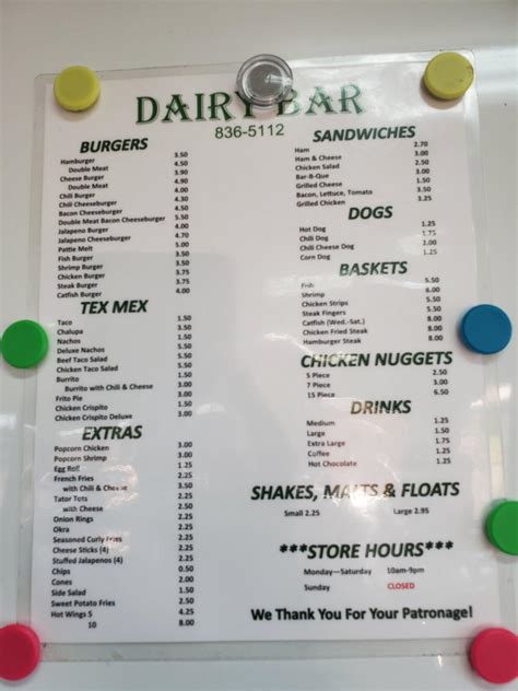 Menu at Dairy Bar, Brenham, S Chappell Hill St