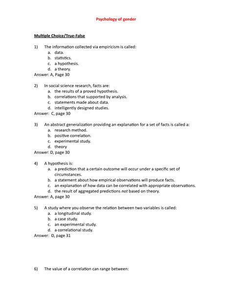 Psychology of Gender - Psychology of gender Multiple Choice/True-False ...