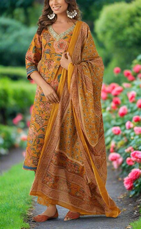 Mustard Jaipur Cotton Kurti With Pant And Dupatta Set .Pure Versatile ...