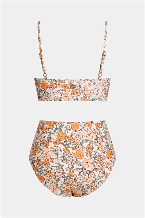 Floral Print Twist Bralette & Spliced High Waist Bikini Set