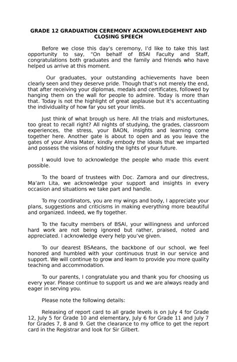 Grade 12 Graduation Speech - GRADE 12 GRADUATION CEREMONY ACKNOWLEDGEMENT AND CLOSING SPEECH ...