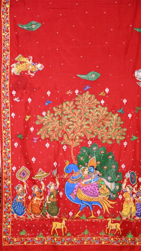 Red White Radha Krishna Peacock Design Hand-Painted Pattachitra Saree ...