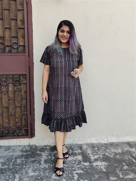 Blackberry Ajrakh Hand Block Printed Shift Dress with Tier and Gathere ...