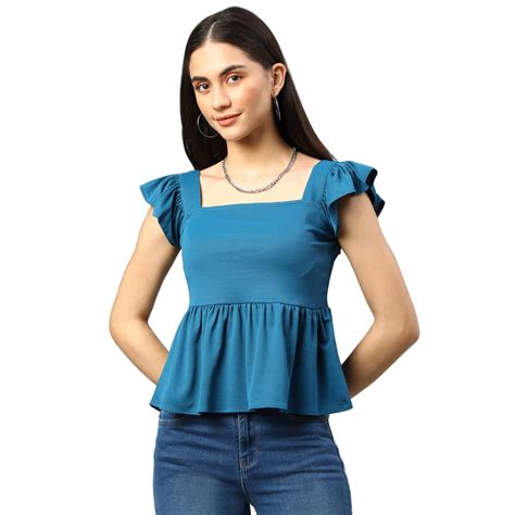Blue Regular Peplum top Solid Square Neck,Flutter Sleeve and Ruffles ...
