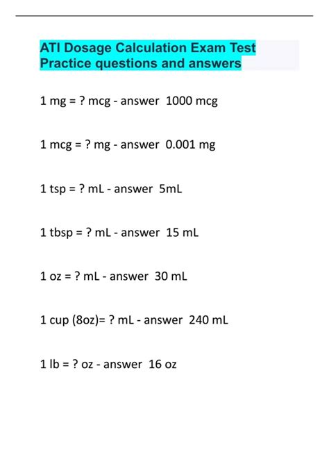 ATI Dosage Calculation Exam Test Practice questions and answers. - Ob ...