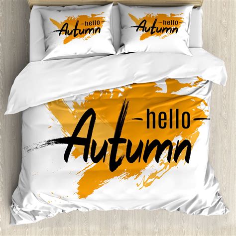 Hello Fall Duvet Cover Set, Greeting Autumn Modern Hand Writing on ...