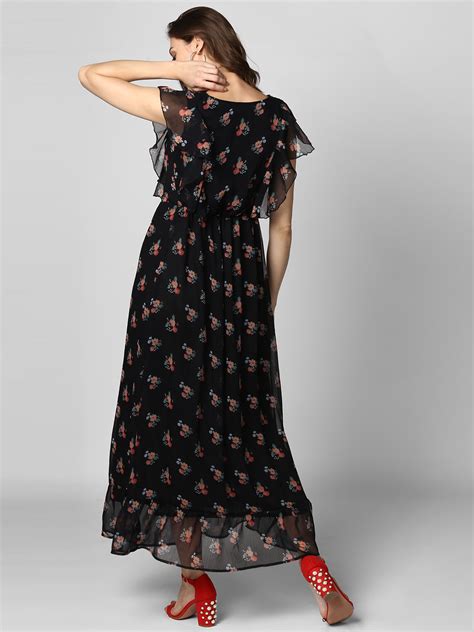 Women's Black Printed Maxi Dress with Lining – Stylestone