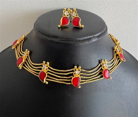 Gold tone kerala style red-white mango choker necklace set dj-51725 ...
