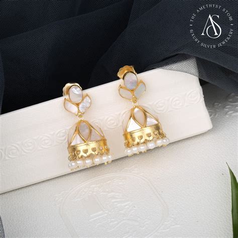 Buy Flower Drop Jhumkas | 92.5 Gold Plated Mother of Pearls Earrings ...