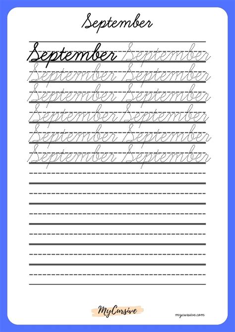 September in Cursive [Worksheet and Printables]