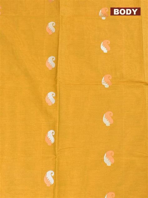 Coimbatore Cotton Mustard Yellow Saree with Copper and Silver Zari Wov ...