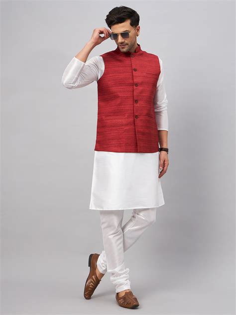 Men Maroon Jacket & White Kurta Set | VASTRAMAY – vastramay