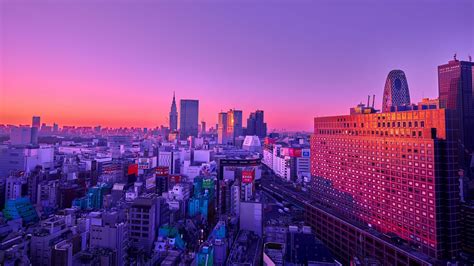 Download wallpaper 1920x1080 city, aerial view, buildings, dusk, purple ...