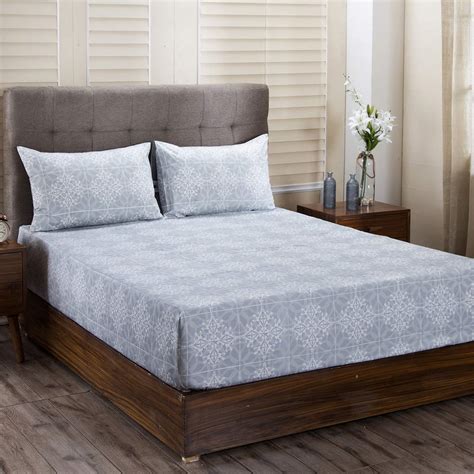 Maspar Fretwork Stucco Blue Cotton 400 TC King Bedsheet with 2 Pillow ...