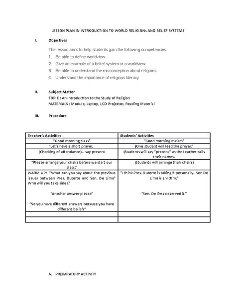 Lesson PLAN IN Introduction TO World Religions AND Belief Systems ...