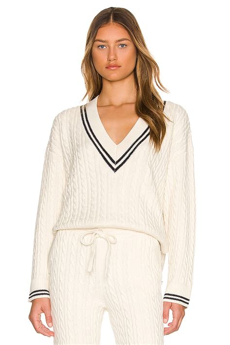 LPA Ciao Cable V Neck Sweater in Ivory & Navy | REVOLVE