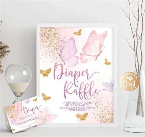 Butterfly baby shower diaper raffle sign purple pink and gold butterfly ...