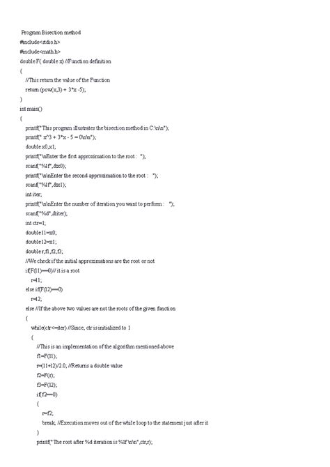 Bisection Method Program in C: Finding Roots of f(x) = x^3 + 3x - 5 ...