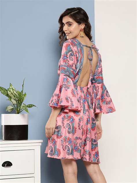 Pink Floral Blue Bell Sleeve Dress - InWeave