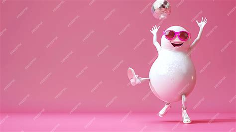 A cute 3D cartoon character with sunglasses and a disco ball is jumping ...