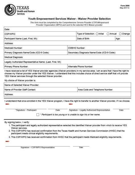 TX HHS Form 2808. Youth Empowerment Services Waiver - Waiver Provider ...