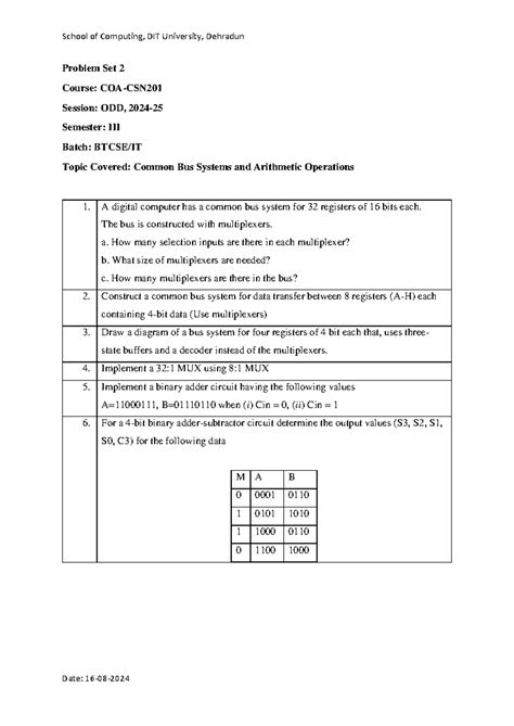Problem Set 2: Common Bus Systems & Arithmetic Ops - DIT Comp Sci - Studocu