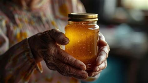 An old womans hand holding a jar of honey and a s emphasizing the role ...