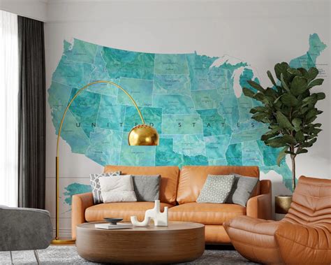 Teal USA Map Design | USA Map with States and Capitals Wall Mural