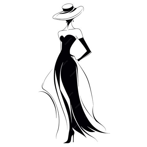 Premium Vector | Black and white female silhouette woman in long stylish dress and elegant hat ...