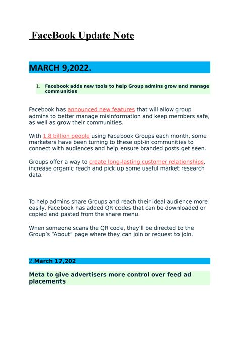 Face Book Update Note - Facebook Upadate - FaceBook Update Note MARCH 9 ...