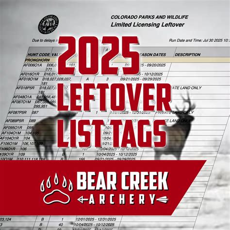 Colorado Leftover List: Reissue License 2025 - Bear Creek Archery