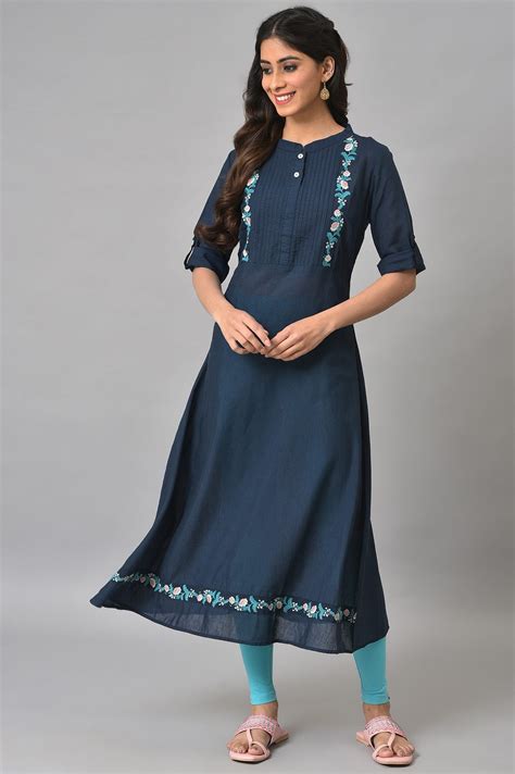 Buy Navy Blue A-line Solid kurta in Band Collar Online for Woman | Shop ...