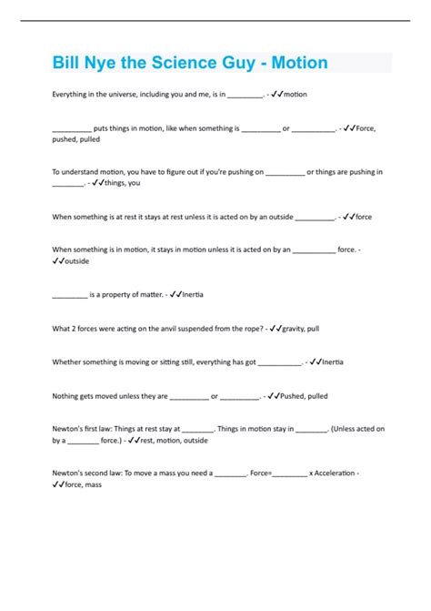 Bill Nye the Science Guy - Motion | Questions and Answers with complete ...