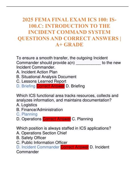 2025 FEMA FINAL EXAM ICS 100: IS100.C: INTRODUCTION TO THE INCIDENT ...