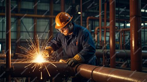 A pipefitter welding pipes in an industrial setting | Premium AI-generated image