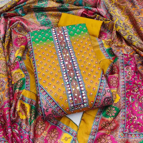 Mustard Floral Printed Chinon Dress Material Embellished With Mirror