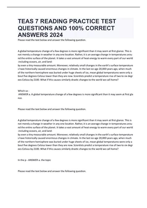 TEAS 7 READING PRACTICE TEST QUESTIONS AND 100% CORRECT ANSWERS 2024 ...