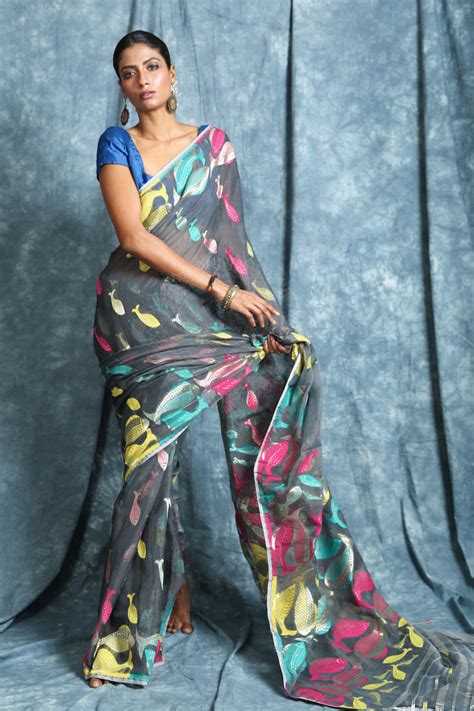 Grey Mina Jamdani with Multicolor Fish Motive Weaving - INR 5490 ...