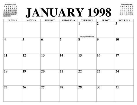 JANUARY 1998 CALENDAR OF THE MONTH: FREE PRINTABLE JANUARY CALENDAR OF ...