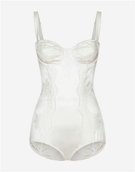 Silk balconette-bra bodysuit with lace detailing in White for Women ...