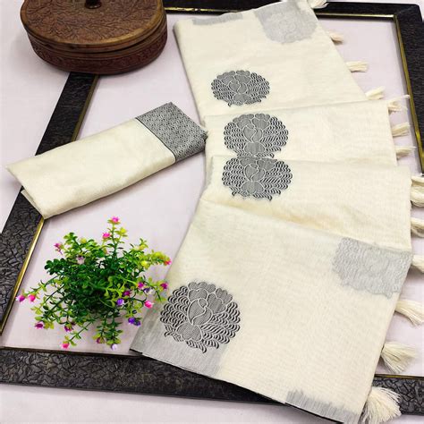 Off White Woven Pure Cotton Saree With Tassels