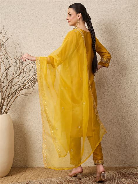 Riwaayat Yellow Yoke Design Silk Blend Straight Suit With Dupatta ...